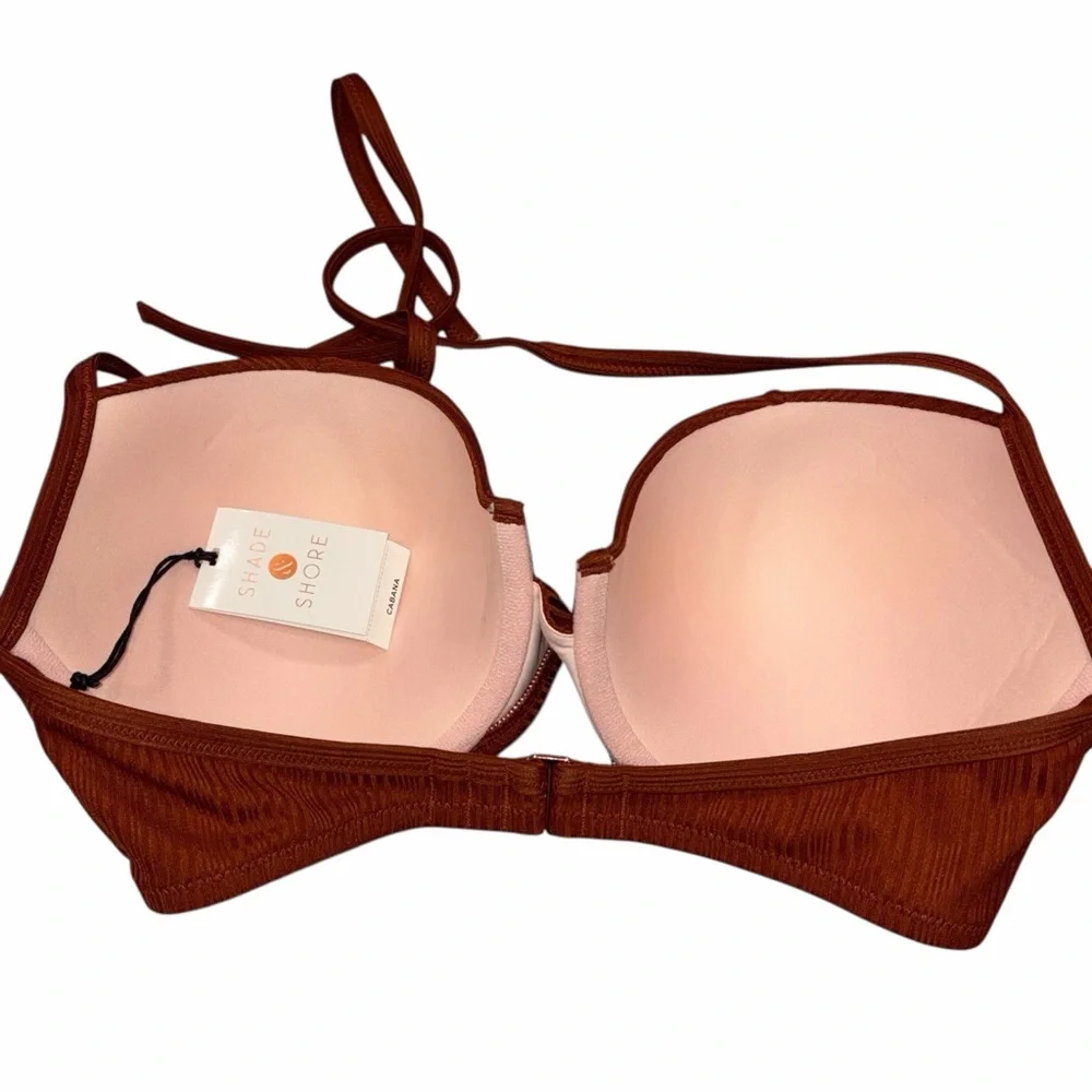 NEW Shade & Shore Cabana Cinnamon Ribbed Underwire Halter Bikini Top size 36D